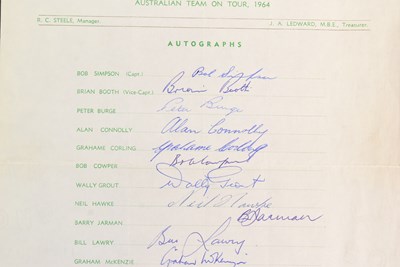Lot 89 - CRICKET - 1964 AUSTRALIAN CRICKET TEAMSHEET SIGNED