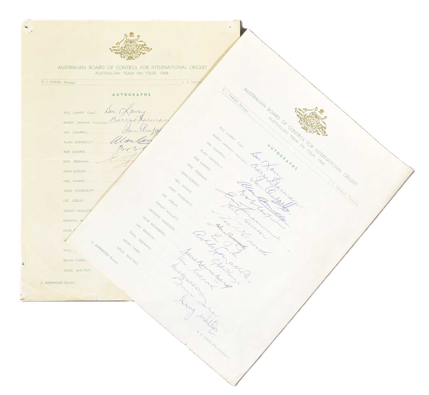 Lot 128 - CRICKET - AUSTRALIA 1968 - AUTOGRAPHED TEAM SHEET