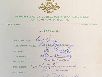 Lot 128 - CRICKET - AUSTRALIA 1968 - AUTOGRAPHED TEAM SHEET