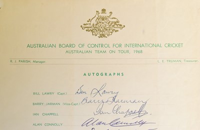 Lot 128 - CRICKET - AUSTRALIA 1968 - AUTOGRAPHED TEAM SHEET