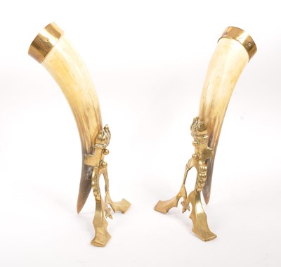 Lot 255 - PAIR OF 19TH CENTURY HORN & BRASS CORNUCOPIAS