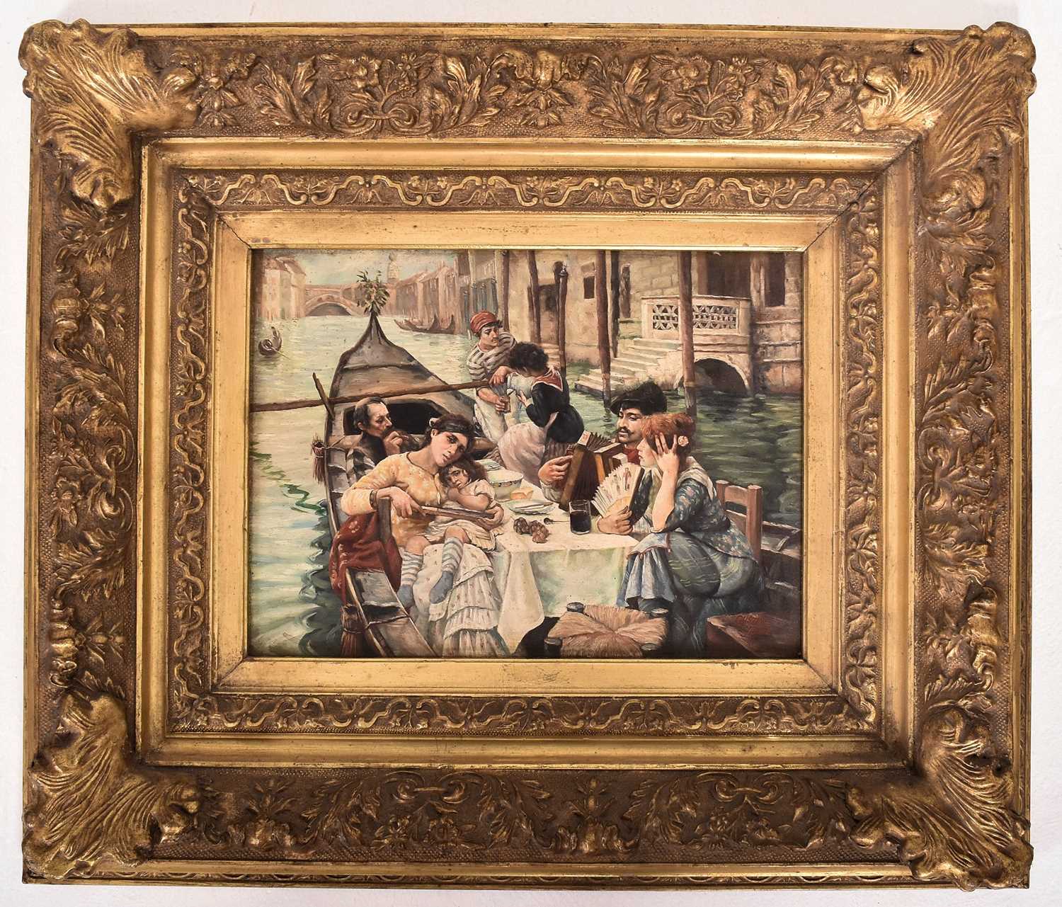 Lot 256 - GUSTAVE HOLTE AFTER WILLIAM LOGSDAIL - A VENETIAL AL FRESCO - OIL ON BOARD PAINTING
