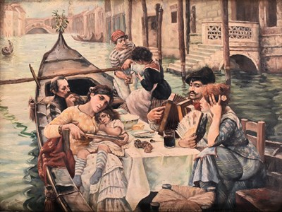 Lot 256 - GUSTAVE HOLTE AFTER WILLIAM LOGSDAIL - A VENETIAL AL FRESCO - OIL ON BOARD PAINTING