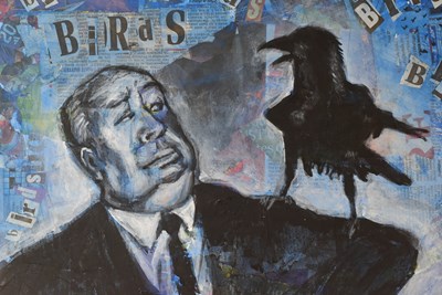 Lot 21 - RICHARD BAZLEY (B.1962) - 'ALFRED HITCHCOCK' - MIXED MEDIA PAINTING