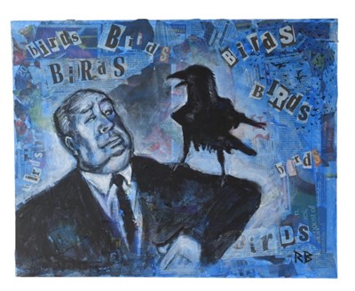 Lot 21 - RICHARD BAZLEY (B.1962) - 'ALFRED HITCHCOCK' - MIXED MEDIA PAINTING