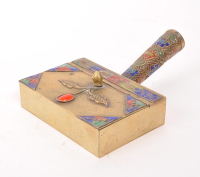 Lot 262 - CHINESE BRASS HOT WATER IRON / BOX WARMER WITH ENAMEL DESIGN