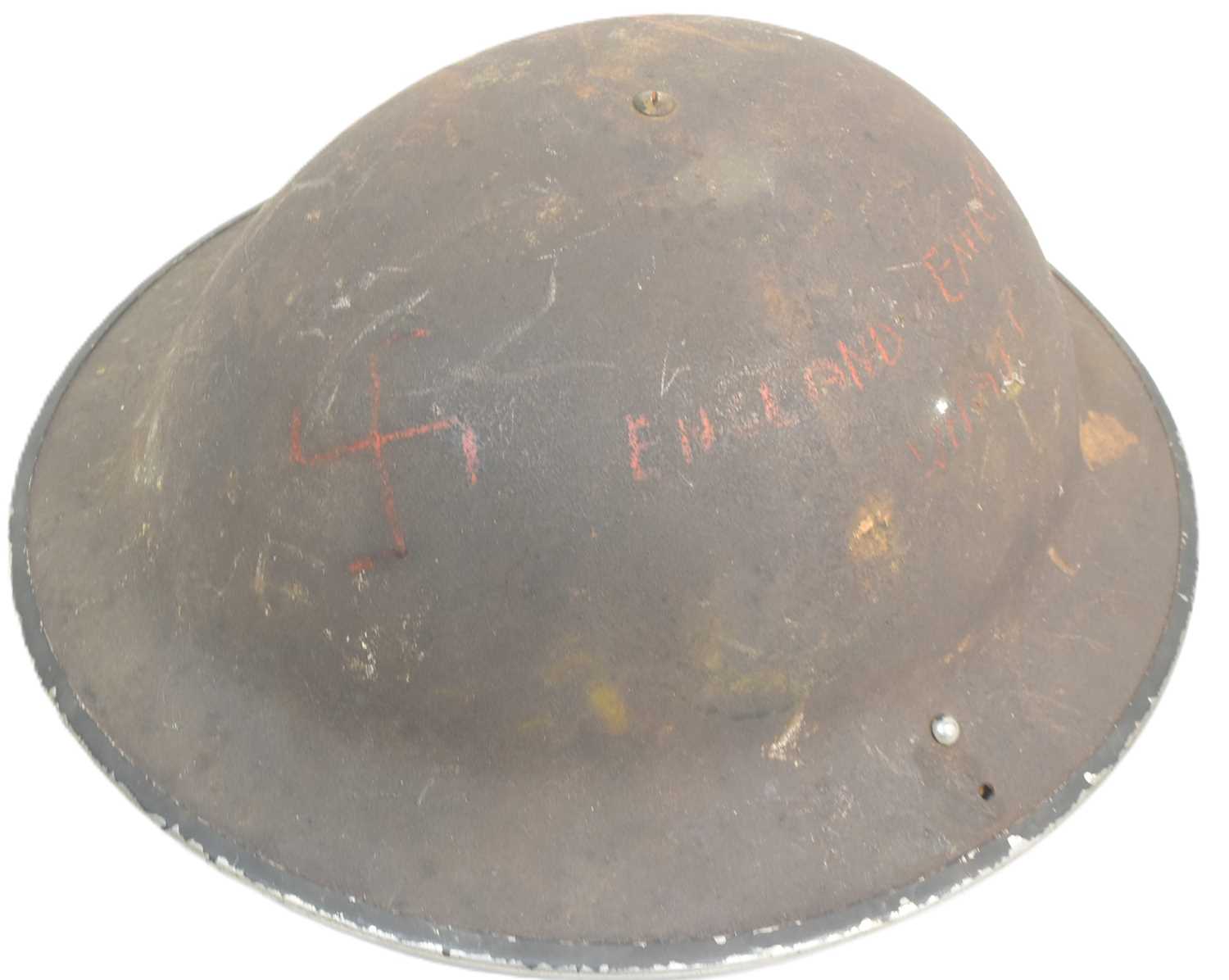 Lot 354 - WWII SECOND WORLD WAR BRODIE HELMET WITH GERMAN GRAFFITI