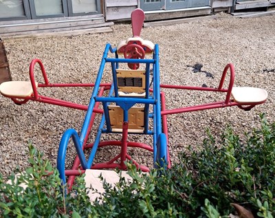 Lot 255 - VINTAGE TOY PLAYGROUND SEVEN PERSON AEROPLANE SEE SAW RIDE, CHROME FRAME & PLASTIC FITTINGS