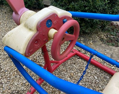 Lot 255 - VINTAGE TOY PLAYGROUND SEVEN PERSON AEROPLANE SEE SAW RIDE, CHROME FRAME & PLASTIC FITTINGS
