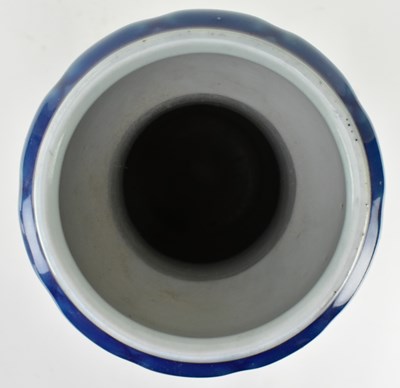 Lot 154 - QING / REPUBLIC MONCHROME BLUE GLAZED CERAMIC VASE 清 民国 刻龙纹蒜头瓶