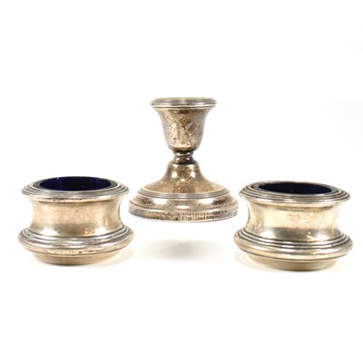 Lot 143 - GEORGE V HALLMARKED SILVER SALTS & STUB CANDLESTICK