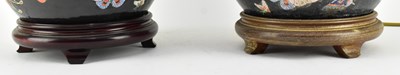 Lot 38 - PAIR OF QING DYNASTY FAMILLE NOIR CERAMIC LAMP BASE 清 黑底珐琅彩灯座一对