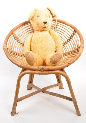 Lot 293 - SMALL VINTAGE BAMBOO CHILD'S CHAIR WITH TEDDY BEAR