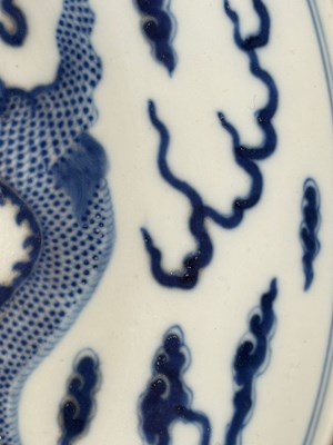 Lot 10 - LARGE QING DYNASTY GUANGXU BLUE AND WHITE 'DRAGON' CHARGER 清 光绪青花龙纹大盘
