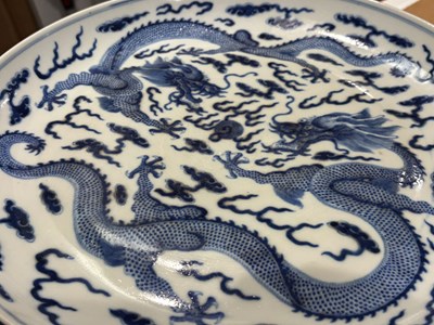 Lot 10 - LARGE QING DYNASTY GUANGXU BLUE AND WHITE 'DRAGON' CHARGER 清 光绪青花龙纹大盘