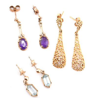 Lot 211 - THREE PAIRS OF 9CT GOLD & GEM SET PENDANT EARRINGS