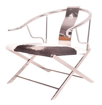 Lot 258 - CONTEMPORARY CHINESE MING STYLE COW HIDE CHROME ARMCHAIR