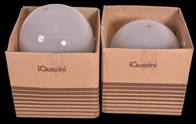 Lot 421 - iGUZZINI - PAIR OF VINTAGE OPALINE GLASS & WOOD WALL LIGHTS