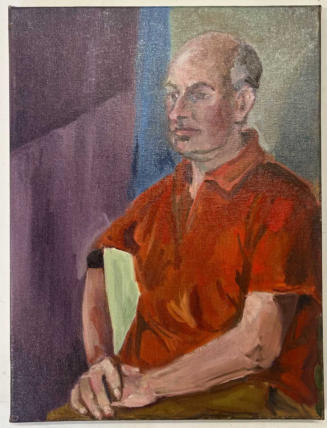 Lot 33 - ROBIN SYMES (1939-2023) - UNTITLED PORTRAIT OF A MAN IN RED SHIRT