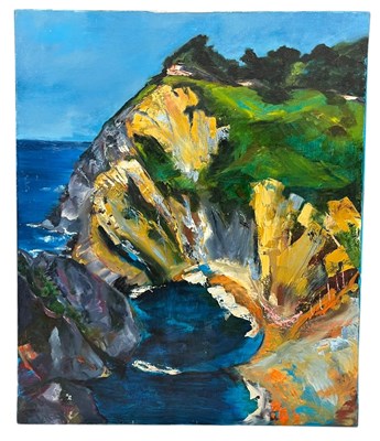 Lot 16 - NINA DOLAN (B. 1955) - BIG ROCK BEACH - OIL ON CANVAS SEASCAPE PAINTING