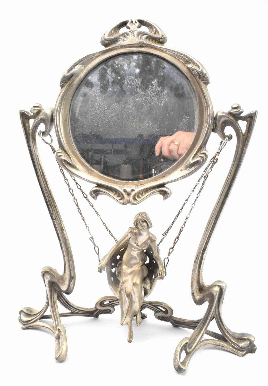 Lot 56 - ART NOUVEAU EARLY 20TH CENTURY SILVERED METAL SWING MIRROR, STAMPED ERTE