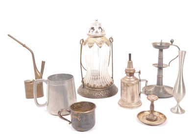 Lot 305 - GLASS PORCH LANTERN & OTHER PEWTER ITEMS