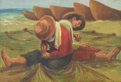 Lot 87 - JOE MAYO - TWO FISHERMEN REPAIRING A FISHING NET