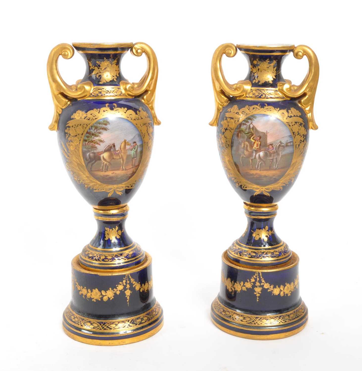 Lot 110 - DRESDEN - PAIR DRESDEN COBALT EQUESTRIAN SCENE VASES