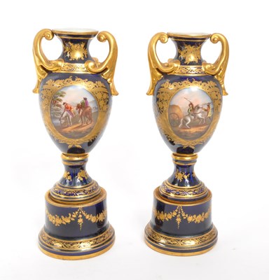 Lot 110 - DRESDEN - PAIR DRESDEN COBALT EQUESTRIAN SCENE VASES