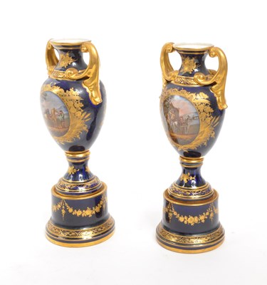 Lot 110 - DRESDEN - PAIR DRESDEN COBALT EQUESTRIAN SCENE VASES