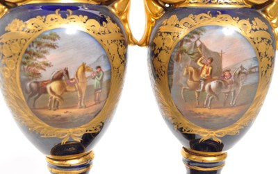 Lot 110 - DRESDEN - PAIR DRESDEN COBALT EQUESTRIAN SCENE VASES