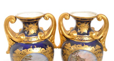 Lot 110 - DRESDEN - PAIR DRESDEN COBALT EQUESTRIAN SCENE VASES