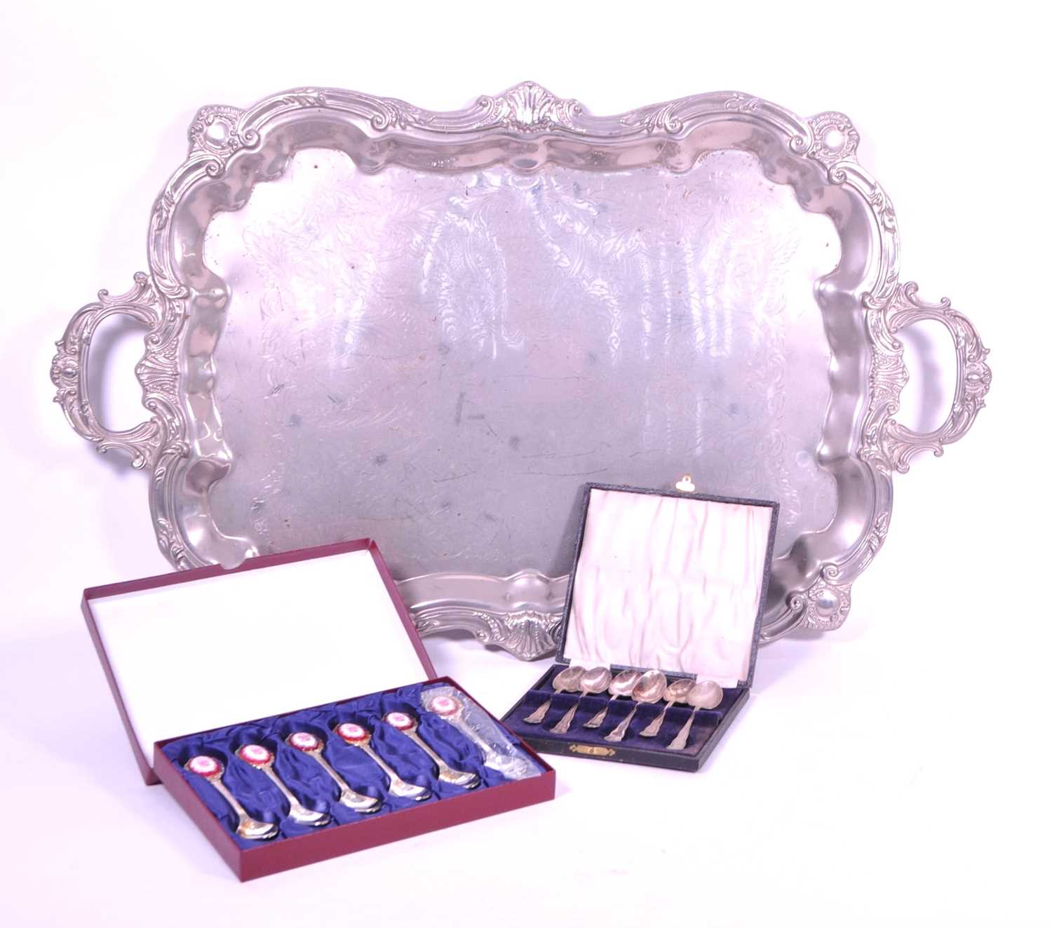 Lot 232 - 20TH CENTURY INTERNATIONAL SILVER COMPANY PLATED TRAY AND SPOONS