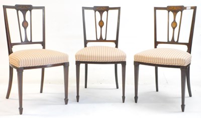 Lot 749 - THREE EDWARDIAN MAHOGANY INLAID DINING CHAIRS