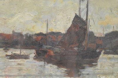 Lot 514 - ROBERT HOPE (1869-1936) - BOATS BY HARBOUR - OIL ON BOARD