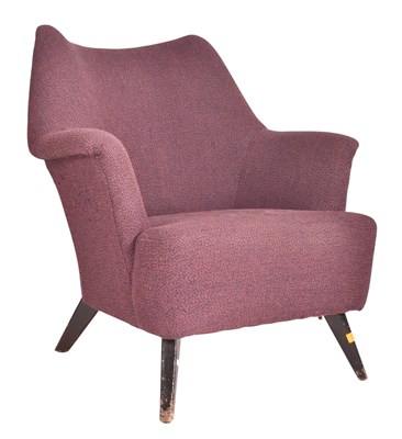 Lot 620 - MID CENTURY ITALIAN PURPLE UPHOLSTERED TUB ARMCHAIR