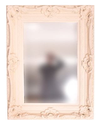 Lot 121 - MODERN OVERSIZED WHITE PAINTED HALL MIRROR WITH SCROLLED DECORATION