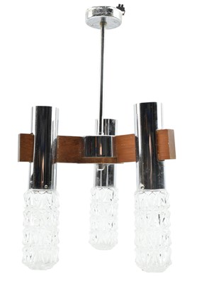 Lot 131 - PROVA - MID CENTURY TEAK, CHROME AND GLASS CEILING LIGHT