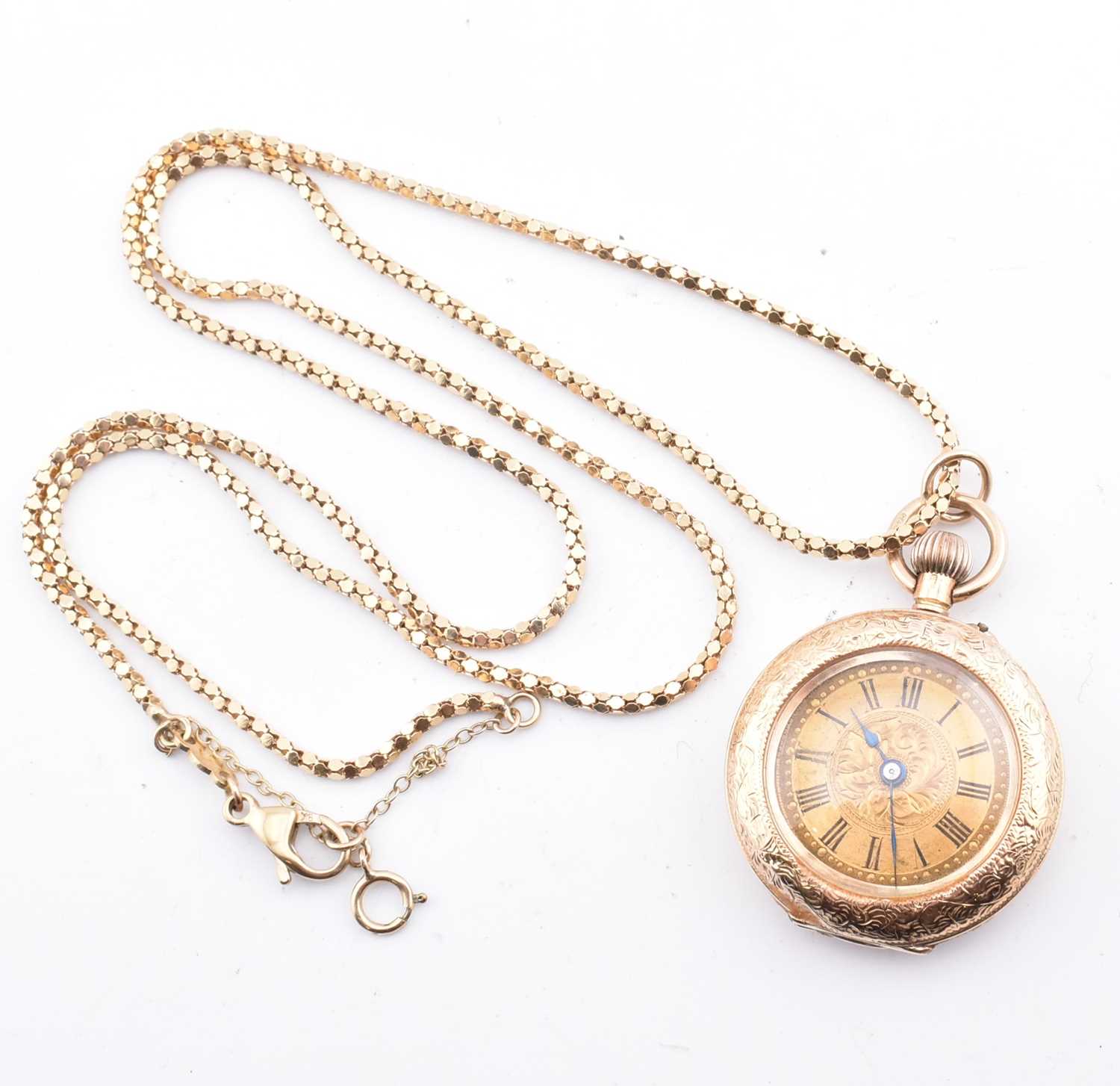Lot 193 - 14CT GOLD OPEN FACED POCKET WATCH & 14CT GOLD SPARKLE CHAIN NECKLACE