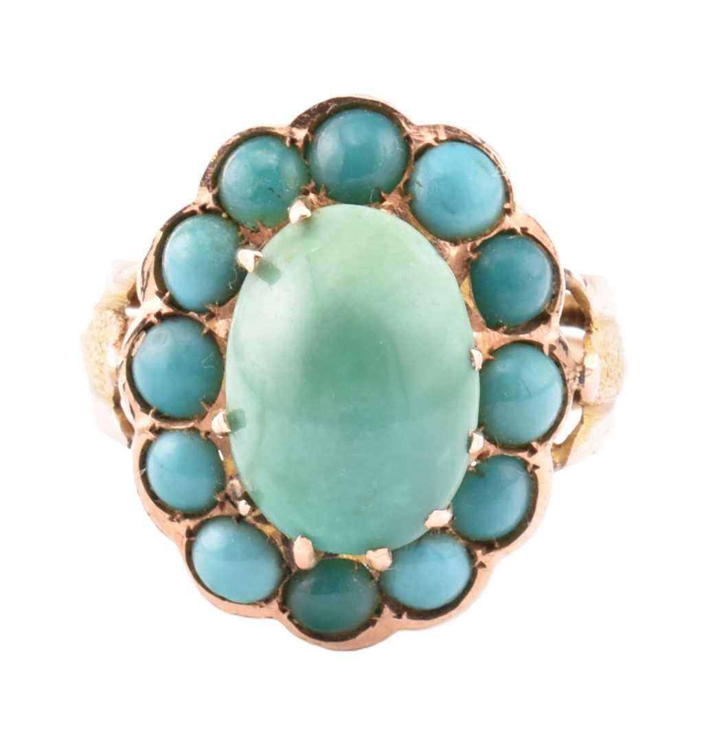Lot 3 - 14CT GOLD TURQUOISE CABOCHON CLUSTER RING