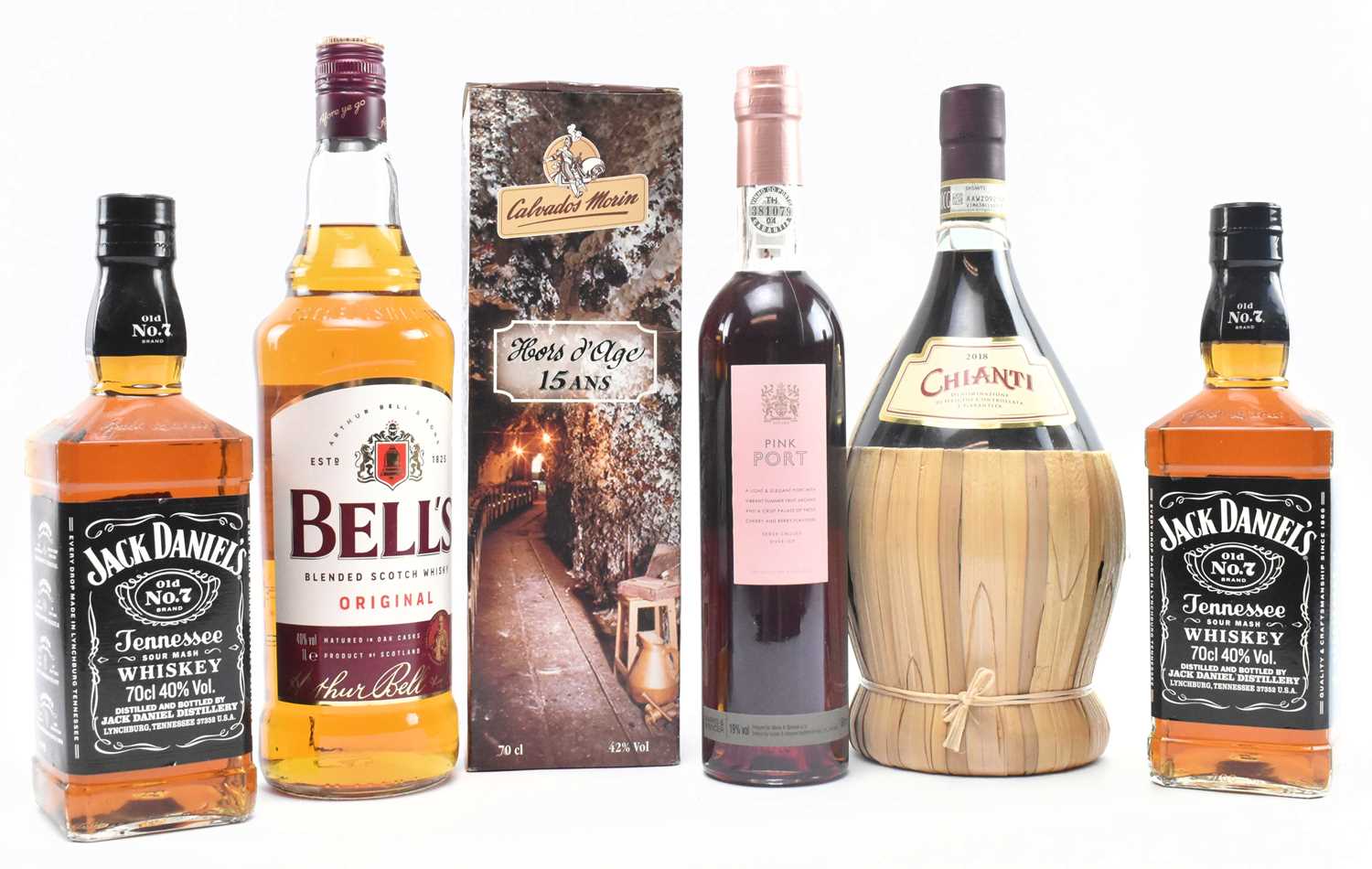 Lot 168 - SIX BOTTLES OF BELLS WHISKY, JACK DANIELS WHISKEY, CHIANTI WINE & CALVADOS MORIN