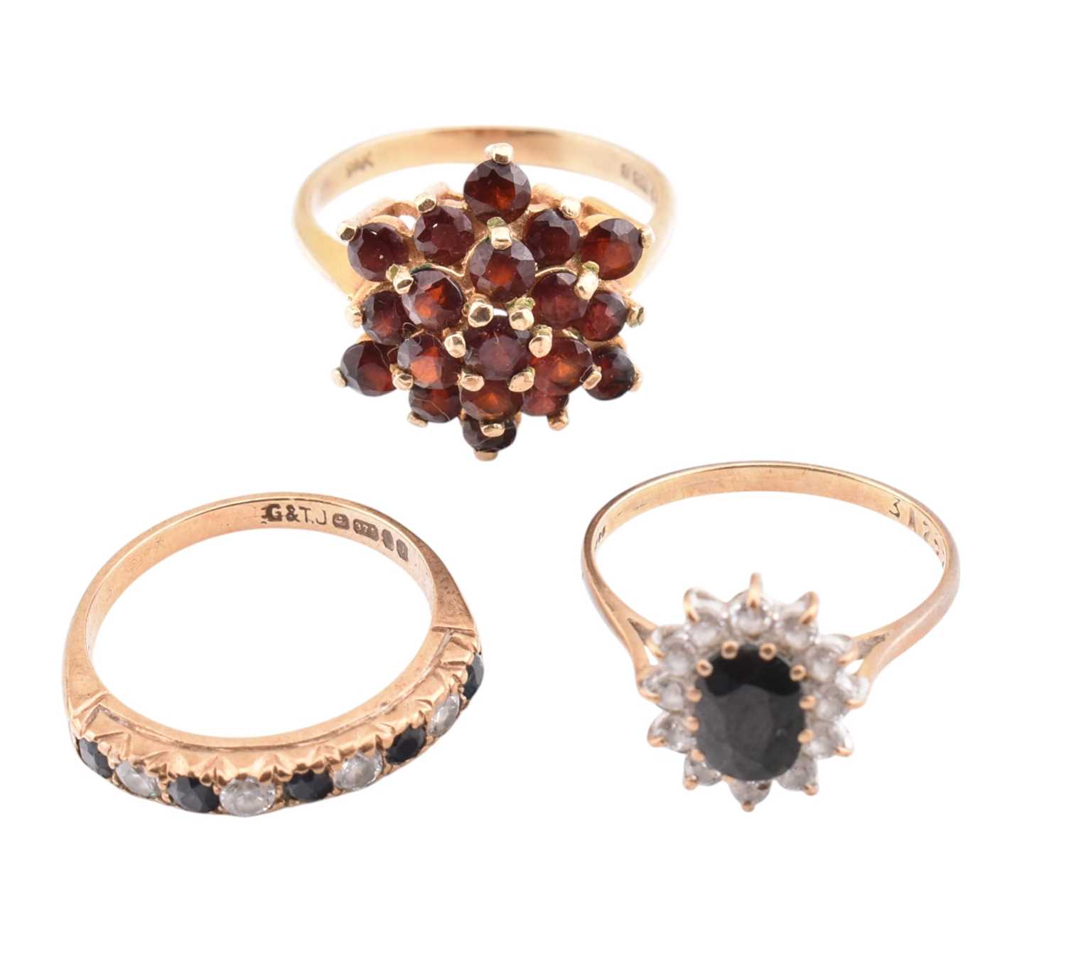 Lot 402 - THREE HALLMARKED 9CT GOLD & GEM SET RINGS