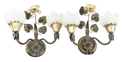 Lot 497 - PAIR OF ITALIAN ART NOUVEAU STYLE METAL & GLASS WALL SCONCES