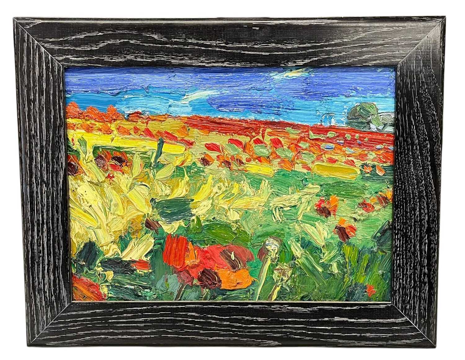 Lot 40 - GEORGE ROWLETT (B. 1941) - POPPY FIELDS AT ST MARTINS MILL, KENT - OIL ON BOARD PAINTING