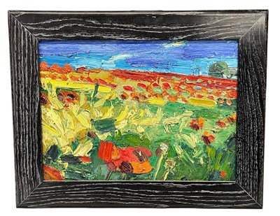Lot 40 - GEORGE ROWLETT (B. 1941) - POPPY FIELDS AT ST MARTINS MILL, KENT - OIL ON BOARD PAINTING