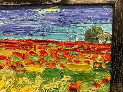 Lot 40 - GEORGE ROWLETT (B. 1941) - POPPY FIELDS AT ST MARTINS MILL, KENT - OIL ON BOARD PAINTING