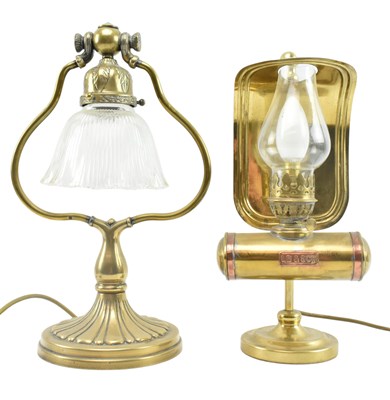 Lot 342 - VINTAGE MID CENTURY BRASS & GLASS COACHING LAMP WITH ANOTHER