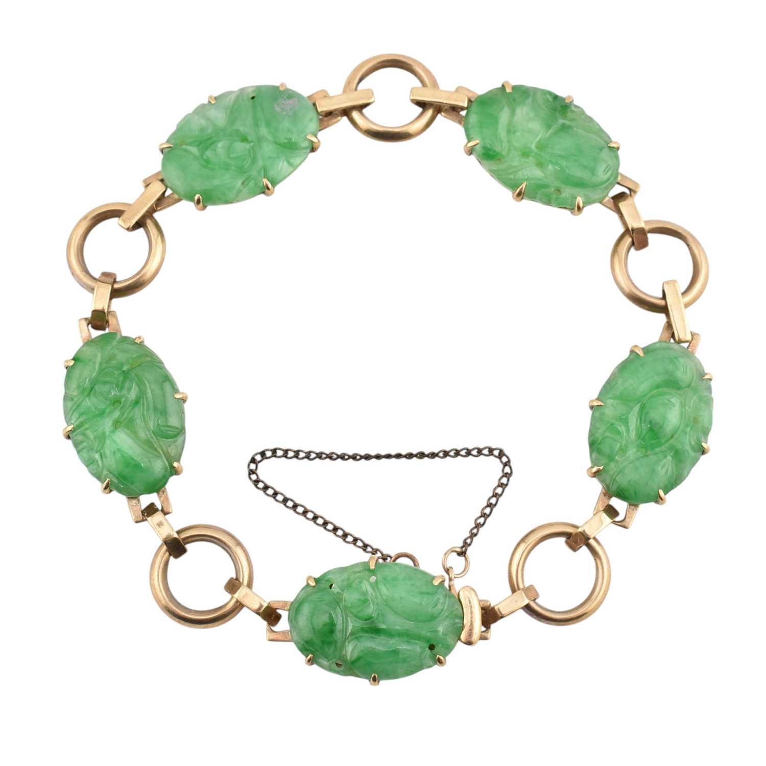Lot 73 - 9CT GOLD & CARVED JADE PANEL BRACELET