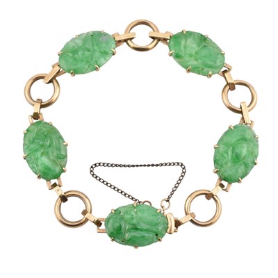 Lot 73 - 9CT GOLD & CARVED JADE PANEL BRACELET