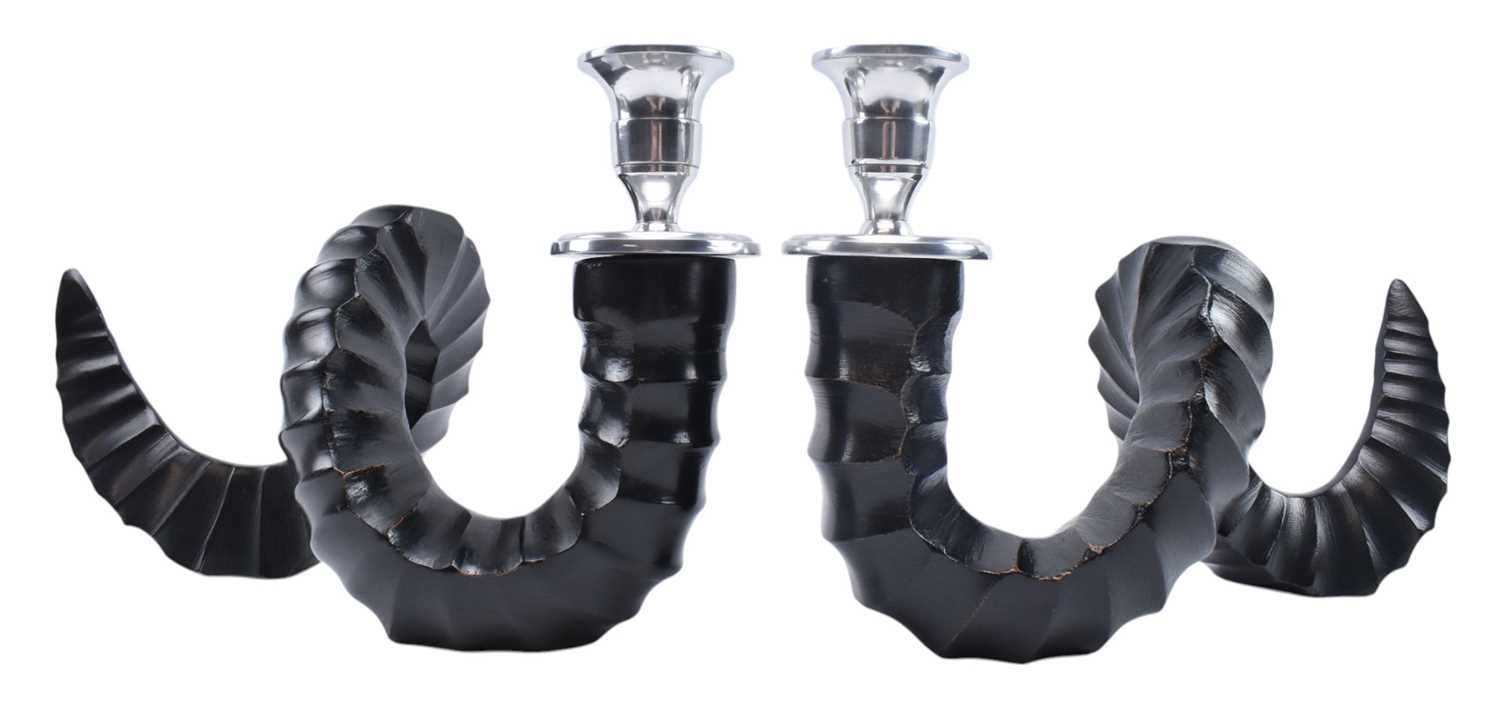 Lot 137 - PAIR OF MODERN DESIGN CAST METAL AND CHROME HORN SHAPED CANDLESTICKS